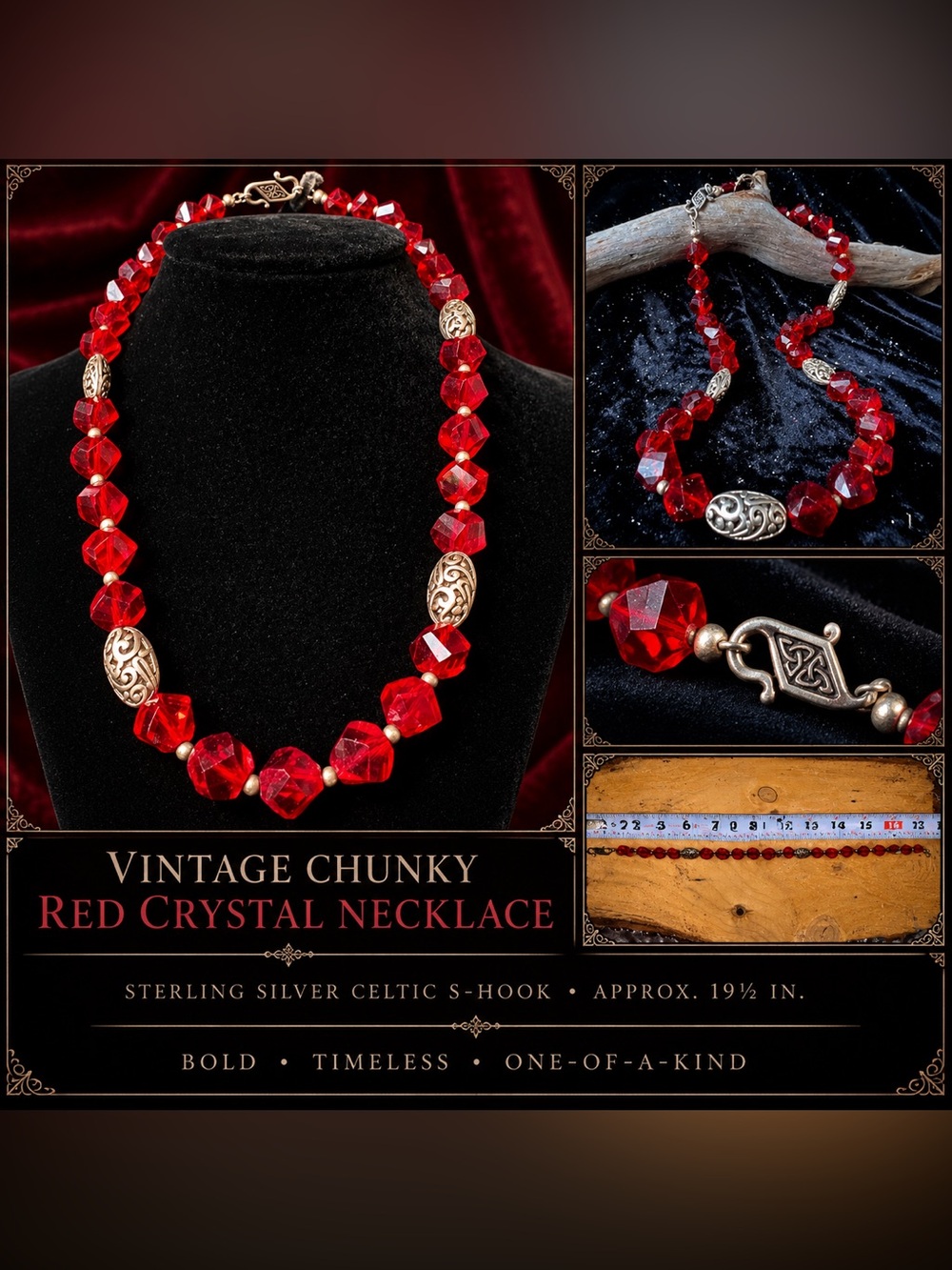 Vintage-Inspired Red Crystal Necklace with Ornate Silver Accents